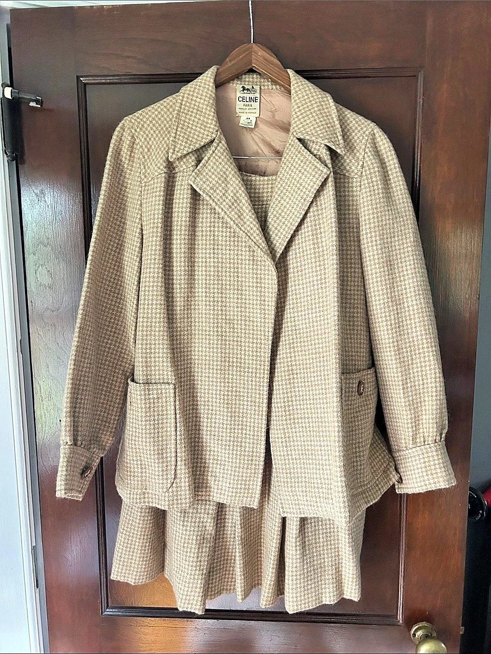 Celine vintage Wool Houndstooth Skirt Suit Beige Size 44
